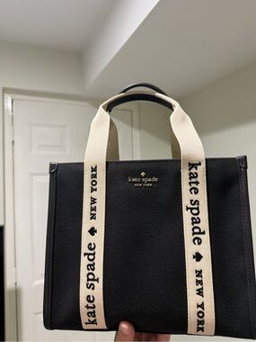 Kate Spade Kip Black Canvas Tote with Cream Logo Straps